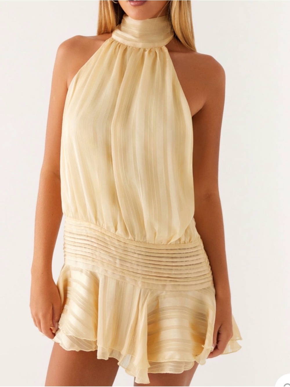 Peppermayo Backless Halter Mini Dress in Soft Yellow